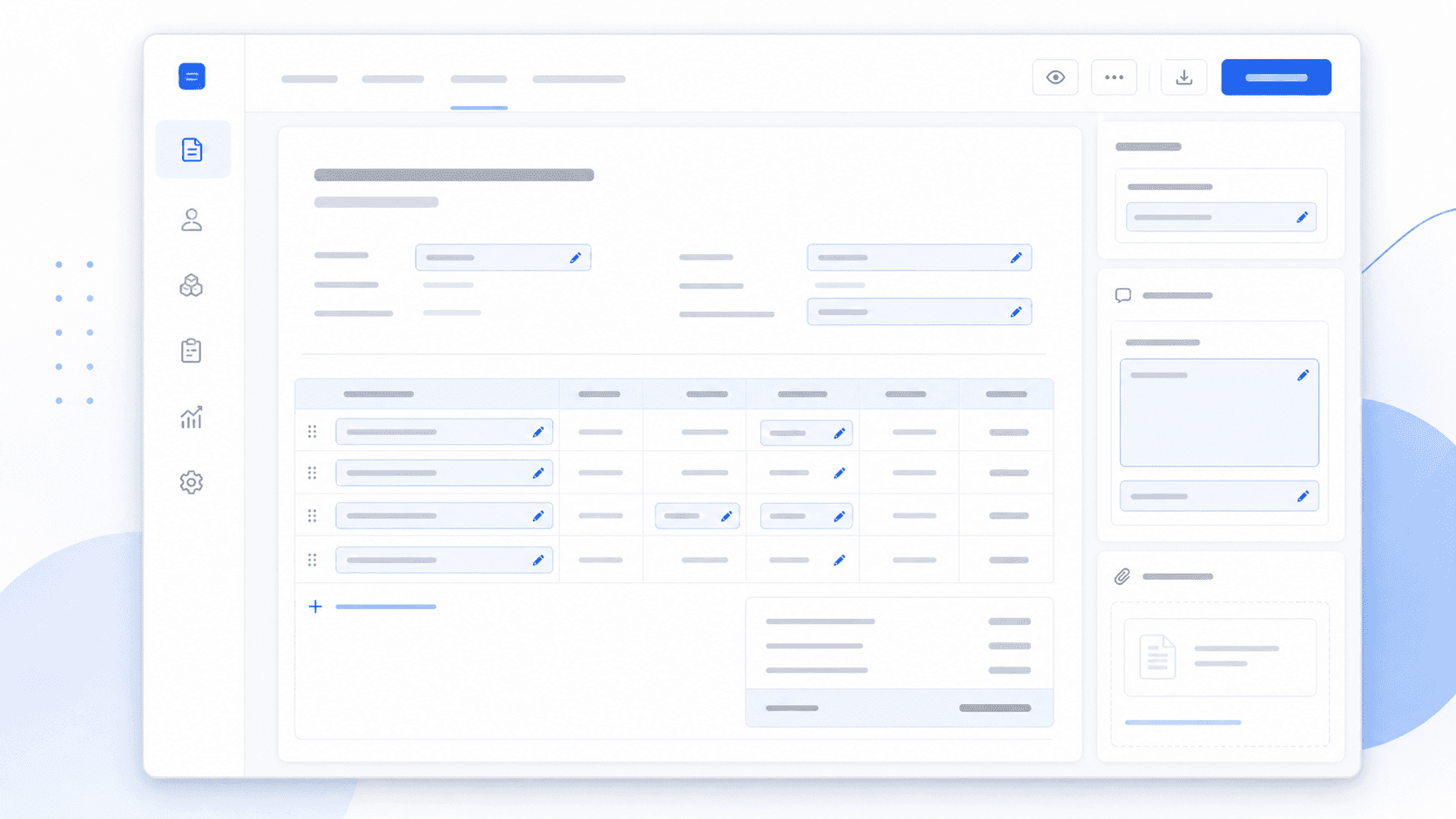 Editable quote interface with highlighted fields, line items, and notes
