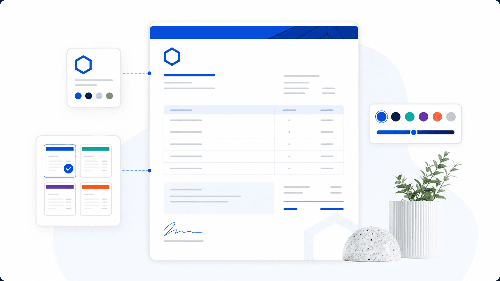 Abstract branded quote document with accent color and logo controls